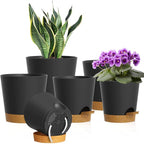 WSMKSZ 7/6.5/6/5.5/5/4 inch Self Watering Pots for Indoor Outdoor Plants, 6 Pack Plastic Flower Planters with Drainage Holes and Removable Saucers, Plant Pots with Wicking Rope, Black Brown
