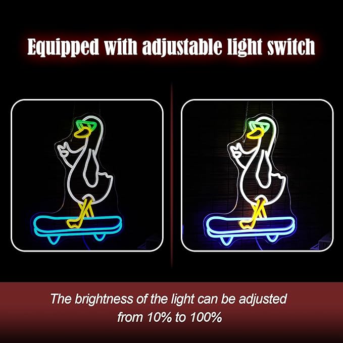 Duck Neon Sign Cool Skateboard Glasses Duck Neon Light for Wall Decor Dimmable Duck Light Up Sign Powered by USB for Living Room Kids Room Art Wall Decor Boys Girls Gifts (16.7”*12.8”)