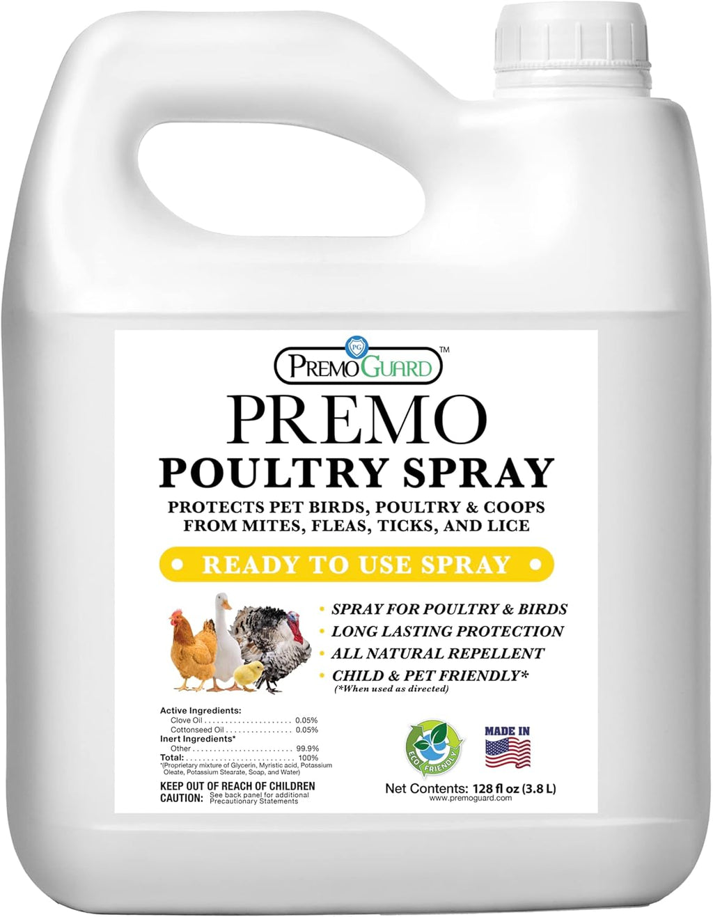 Premo Guard Poultry Spray - 128 oz - Kill Scaly Leg, Mites, Fleas, Lice, & Other Pest on Chickens and in Coops - Natural Plant Based Oils for Control, & Prevention - Family Safe with No Egg Withdrawl