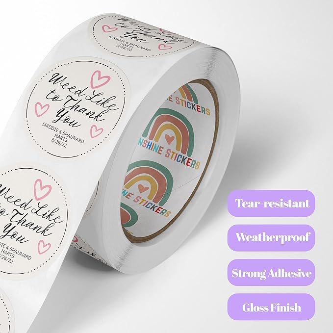 150 Custom Circle/Square BOPP Roll Labels- Personalized Stickers for Business Logo, Party, Wedding Favor, Baby Shower-Any Design Text + Image, Matte/Gloss Finish (2.5 Inch Circle)