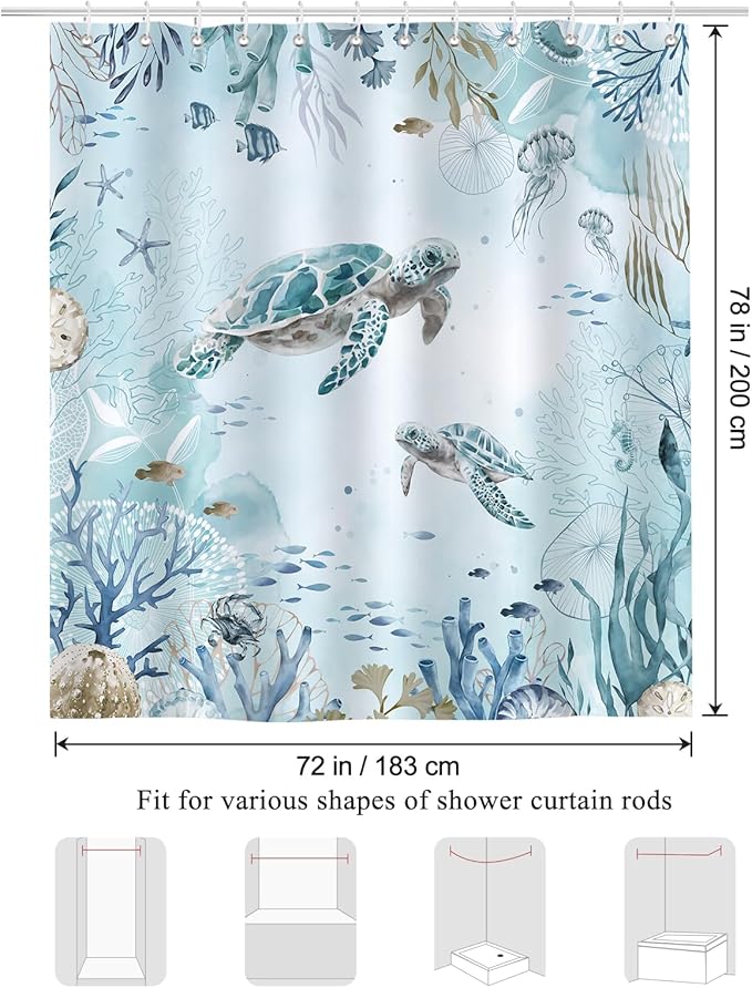 Bonhause Sea Turtle Shower Curtain for Bathroom Teal Blue Ocean Beach Coastal Decorative Bath Curtain 72 x 78 Inch Polyester Fabric Waterproof Bathroom Curtain with 12 Hooks