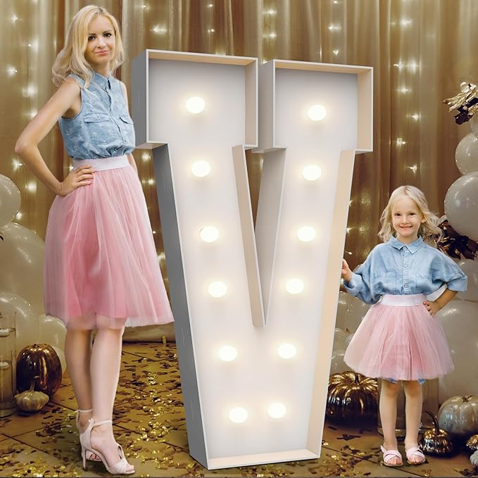 4FT Marquee Light Up Letters V,Party Decoration Large Marquee Light Up Letters with Weighted Water Bag,Pre-cut Foam Board Set Can Be Used for Birthdays,Weddings,Baby Anniversaries