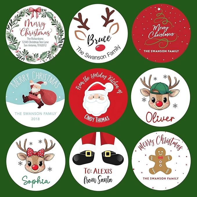 36pcs Personalized Christmas Stickers Gift Wrap Labels-Available in 12 Templates Custom Waterproof Cute Santa Reindeer Decals for Christmas Gift Box Tags Party Decorations Envelopes (Round Sticker)