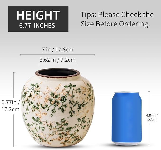 Vintage Green and Beige Round Pastoral Vase, Round Ceramic Floral Vases, Retro Ice Cracked Chinoiserie Vase for Home Decor, Living Room, Bookshelf, Office, Rustic Table Centerpiece 6.7 Inch