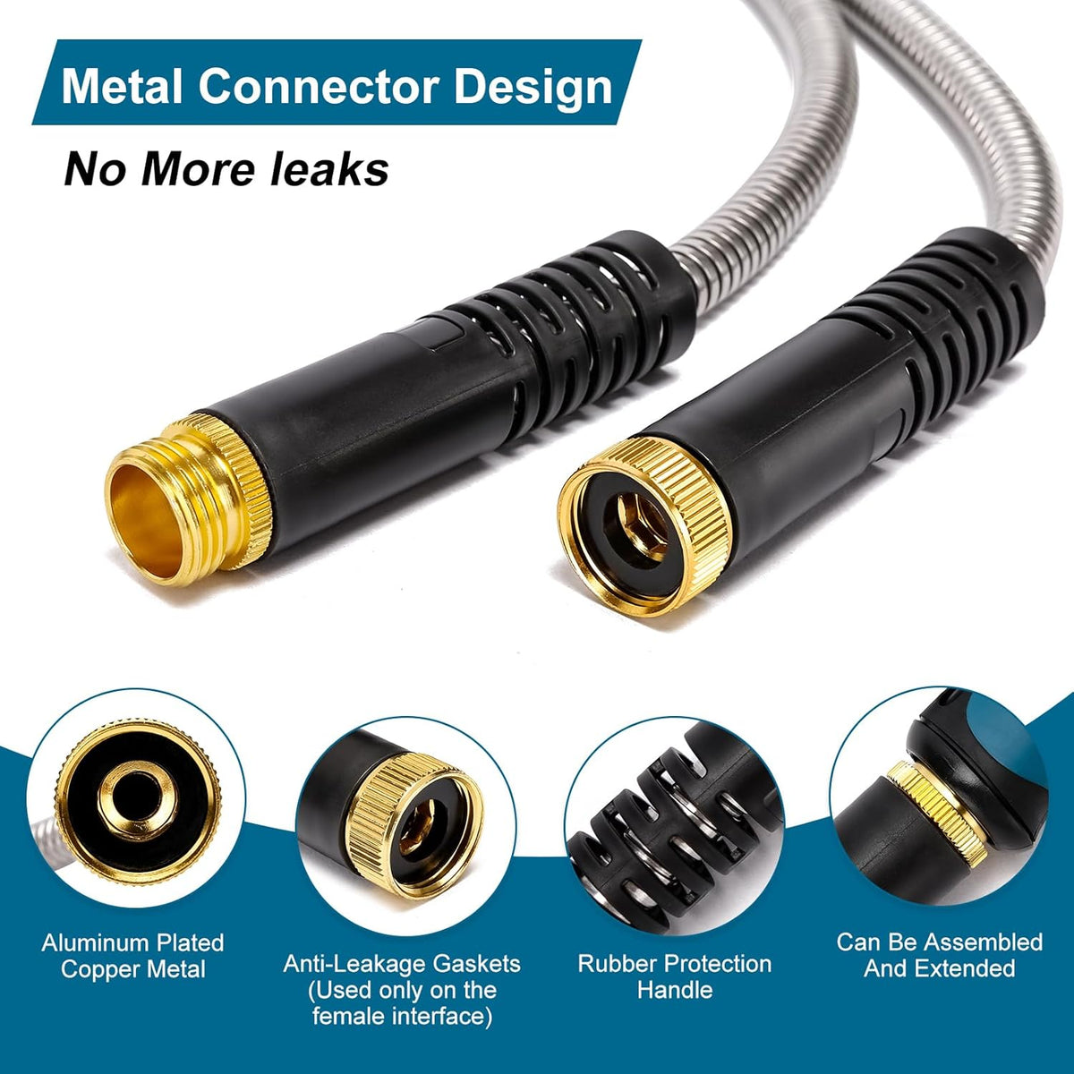 Metal Garden Hose 50 FT, Stainless Steel Hose, Water Hose with 10 Function Nozzle, No Kink & Tangle, Easy to Use & Store, Heavy Duty Lightweight Outdoor Hose