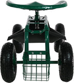 Sunnydaze Rolling Garden Cart with Seat - Garden Stool with Wheels and Adjustable 360-Degree Swivel Seat - Utility Tool Tray and Storage Basket - Green