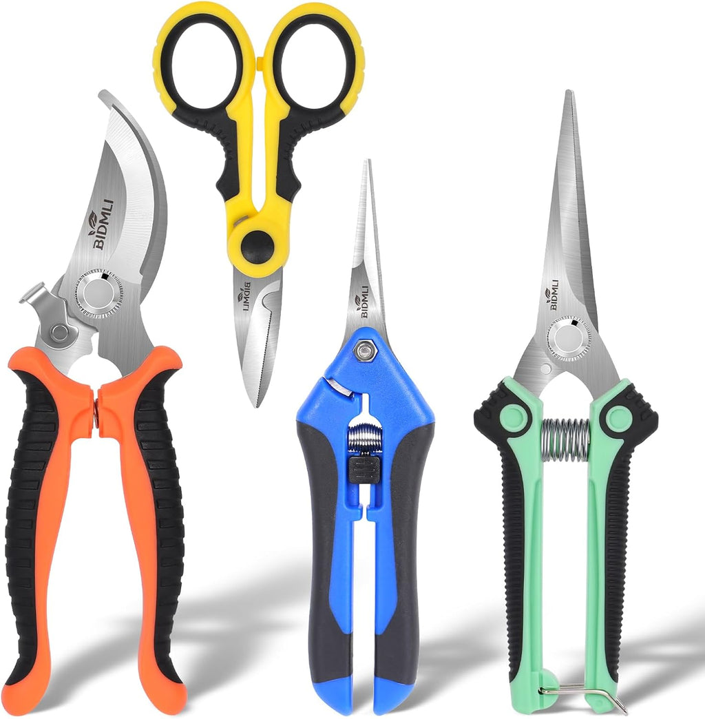 4-Pack Multifunctional Garden Scissors Set-BIDMLI Stainless Steel Pruning &Floral Shears with One-Piece Handle Blades for Tree Pruning, Flower Trimming, and Fruit Picking Tasks at Home&Garden Tool.