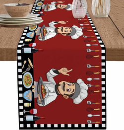 Red Chef Gourmet Cotton Linen Table Runner for Dining Kitchen, Wedding Outdoor Party Tablerunners Decoration, Black White Check Plaid Funny Kitchen Dresser Scarf Coffee Tablecloth Runners 13''x120''