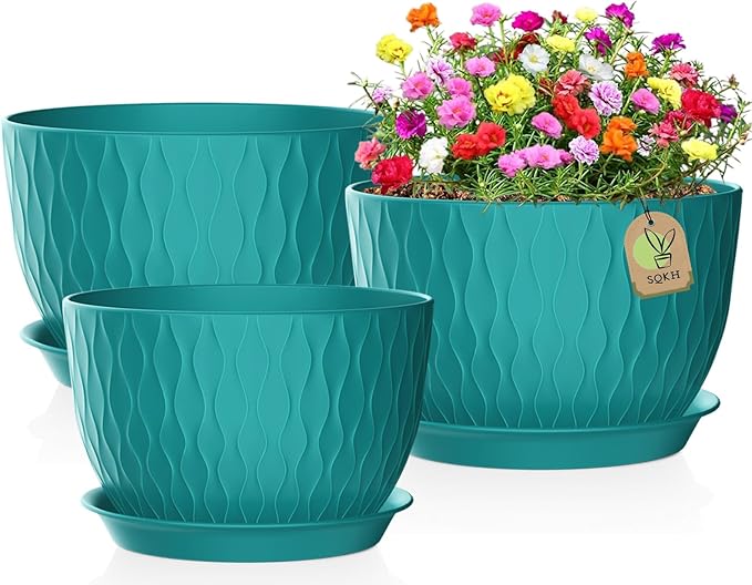 12/10/9 Inch Plant Pots, 3 Pack Large Flower Pots for Indoor and Outdoor Plants with Water Ripples, Large Plastic Flower Pots with Drainage Holes and Tray for Garden Indoor Plants