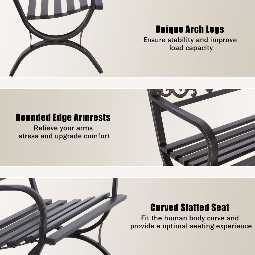 MFSTUDIO 50 Inches Outdoor Garden Bench Cast Iron Metal Frame Floral Bronze