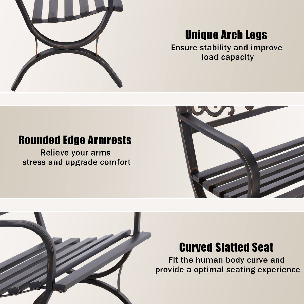 MFSTUDIO 50 Inches Outdoor Garden Bench Cast Iron Metal Frame Floral Bronze
