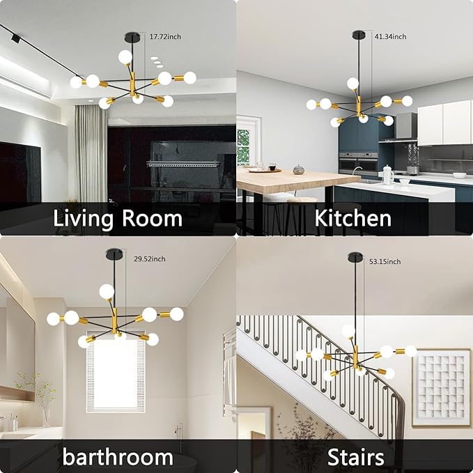Sputnik Ceiling Light Fixture Chandelier, 8-Light Dining Room Light Over Table Height Adjustable Mid Century Hanging Light Fixture E26 Pendant for Bedroom Kitchen Livingroom 53InchH Gold+Black