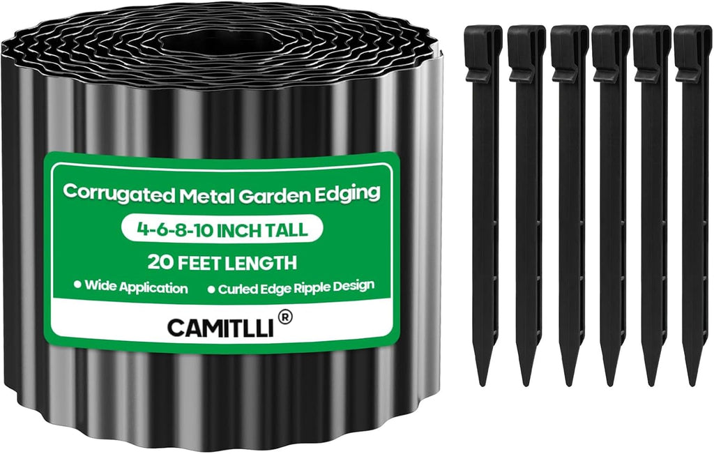 Corrugated Metal Garden Edging,Sturdy Tall Landscape Edging Borders with 6pcs Anchor Stakes, Perfect DIY for Flower Beds, Lawn and Pathway,Tree Surrounds,Paver Edges (Black 6"×20FT)