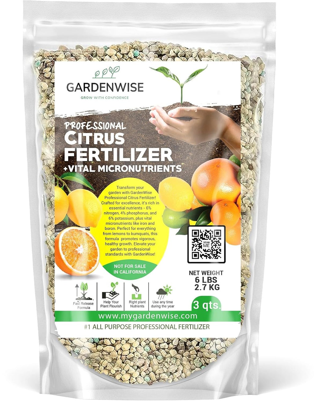 Professional Citrus Fertilizer + Vital Micronutrients; Perfect Balanced NPK for All Citrus; for Indoor and Outdoor Plants; Orange, Lime, Avocado and Lemon Tree Fertilizer (3 QUARTS)