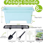 Oliz Self-Watering Rectangle Planter Boxes 8-Pack, 15.7-Inch Window Box Planter with Drainage Holes & Trays, Pots for Vegetables, Herbs, Flowers, Garden Windowsill Balcony (Sky Blue)