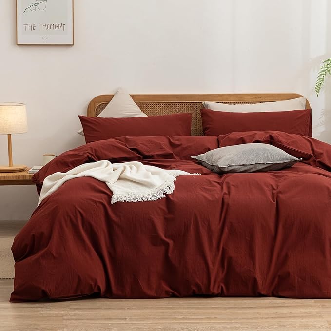 BESTOUCH Duvet Cover Set 100% Washed Cotton Linen Feel Super Soft Comfortable Chic Lightweight 3 PCs Home Bedding Set Solid Fired Brick Red Super King