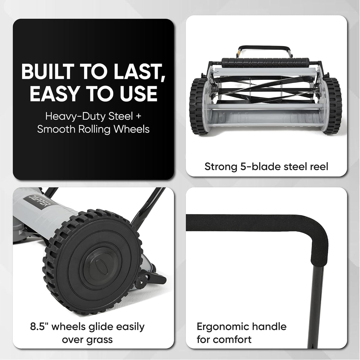 16" Push Reel Lawn Mower – Manual 5-Blade Hand Mower with Adjustable 3-Position Cutting Height (0.5"–1.75") – Lightweight, Eco-Friendly, Steel Blades – 2-Year Warranty