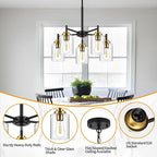 9MMML 5 Lights Glass Chandelier,Modern Kitchen Island Lighting Black and Gold Metal Dining Room Light Fixture for Living Room Foyer,E26