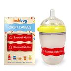 InchBug Orbit Labels - Baby Bottle Name Labels for Daycare, Sippy Cup Bands - Engraved Silicone, Reusable, Dishwasher Safe, White Contrasting Personalization, 4-Pack (Fire Truck Red)