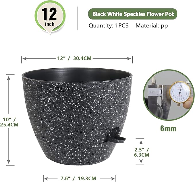 12 inch Large Self Watering Pots for Indoor Outdoor Plants, Flower Plant Pots with Mesh Drainage Holes for Garden House Plants, Plastic Planters with Reservoir for Home Decor, Speckled Black