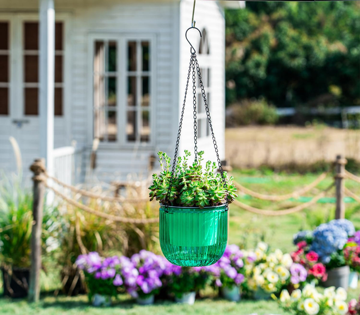 Melphoe 2 Pack Self Watering Hanging Planters Indoor Flower Pots, 6.5 Inch Outdoor Hanging Basket, Plant Hanger with 3Hooks Drainage Holes for Garden Home (Emerald)
