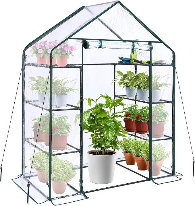 Ohuhu Small Greenhouse for Outdoors: 4 Tiers 6 Shelves Walk-in Indoor Green House Heavy Duty Plant Stands Reinforced Plastic PVC Cover Mini Portable Warm House for Outside, 4.8x2.5x6.4 FT