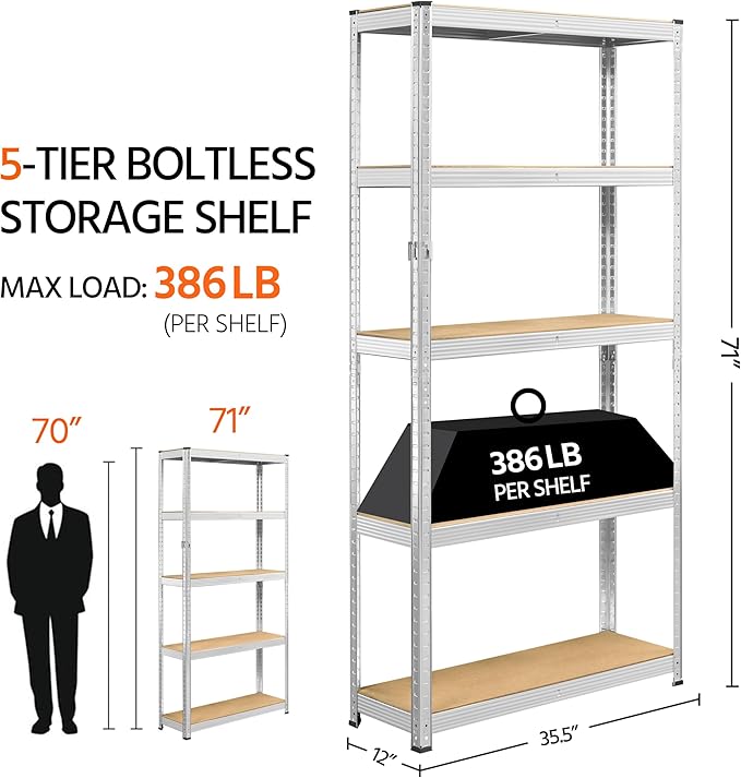 Yaheetech Standing Shelf Units, 5 Tier Storage Shelf, Heavy Duty Shelving, Adjustable Garage Shelves, Utility Rack Shelf Unit, Basement Warehouse Shed, 35.5″W× 12″D × 71″H - Silver