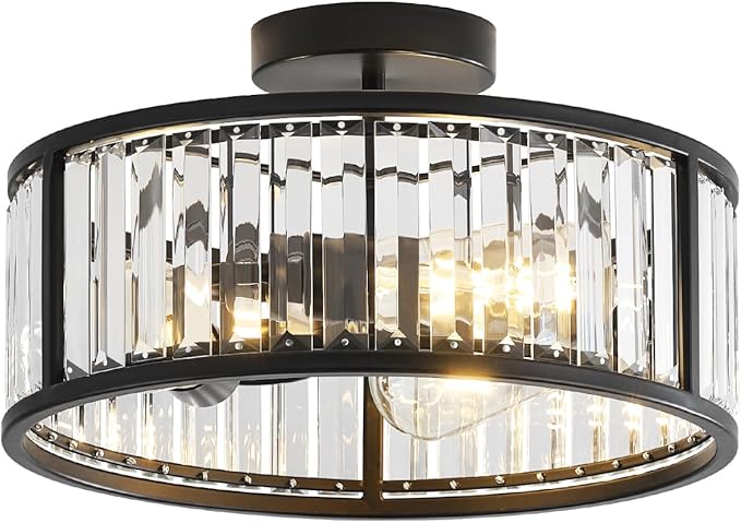 Black Flush Mount Ceiling Light, 2- Light Caged Crystal Chandelier, Small Drum Hallway Light fixtures Ceiling Mount (14 INCH Black)
