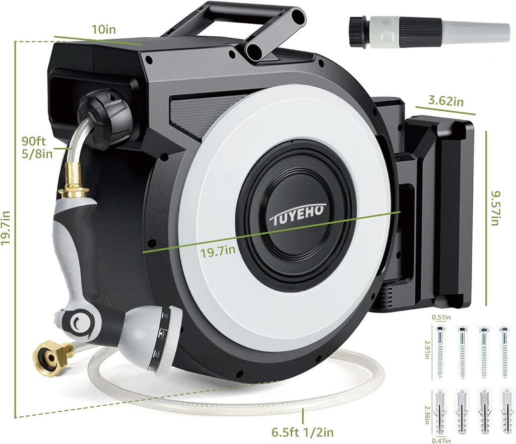 Tuyeho Retractable Garden Hose Reel 5/8" x 90 ft, Wall Mount Water Hose Reels with Automatic Slow Rewind System, Outdoor Hoses Reel with 2 Hose Nozzles for Garden Watering, Car Wash, Pet Shower
