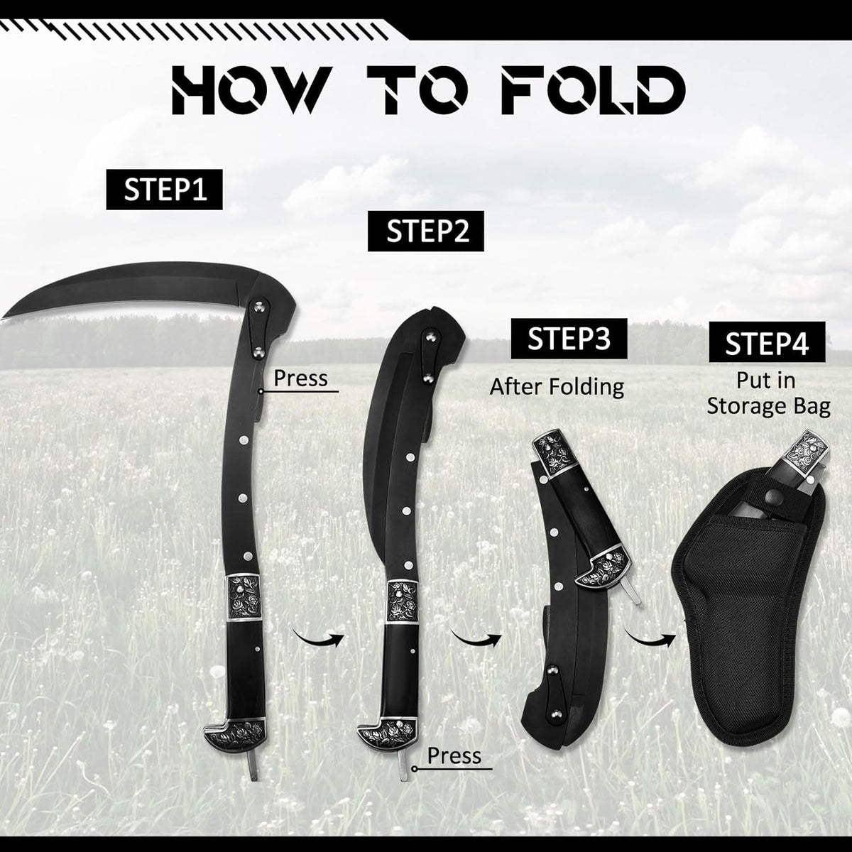 WILLBOND Black Sharp Folding Sickle Garden Tool Portable Safety Grass Hand Sickle Knife with Sheath Wooden Handle 2 Sections for Gardening Farming Lawn Grass Weeds Hand Tools