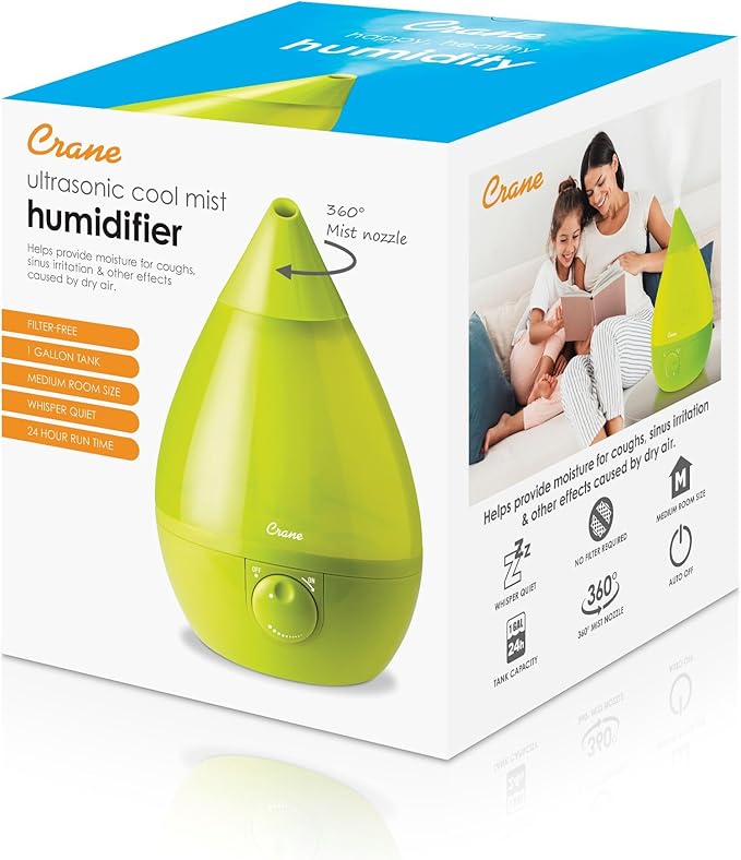 Crane Drop Ultrasonic Cool Mist Humidifier, 1 Gallon Teardrop with Auto Shutoff for Baby Nursery, Bedroom, Office, Plants, Green