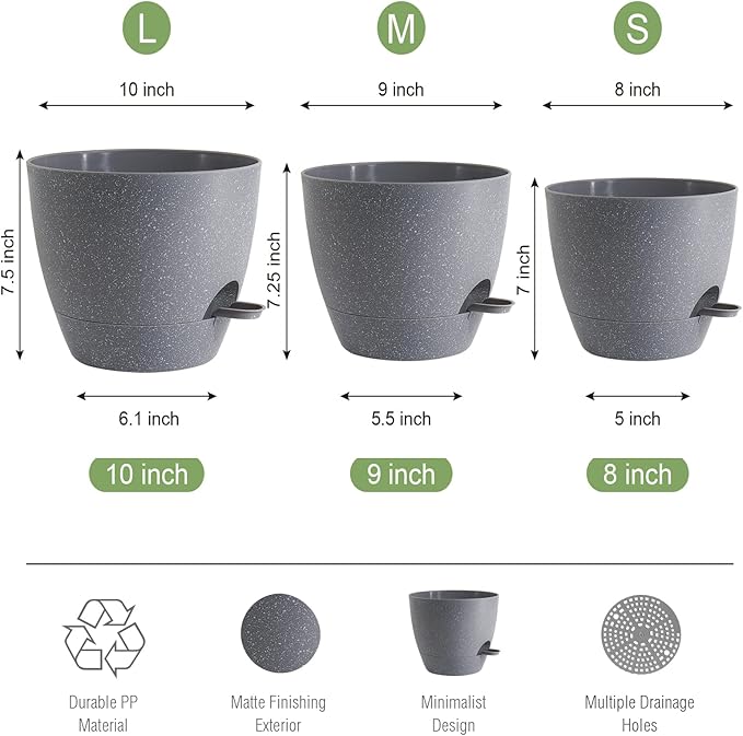 10/9/8 inch Self Watering Pots, Set of 3 Plastic Planters with Mesh Drainage Holes and Deep Reservoir for Indoor Outdoor Garden Plants and Flowers, Grey Speckles