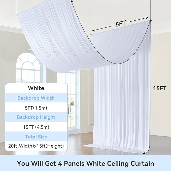 20ft x 15ft White Wrinkle Free Backdrop Curtains for Parties,Silky Polyester Fabric Wedding Ceiling Drapes, 4 Panels 15ft Photo Back Drop Drapes for Baby Shower Photography Stage Background Cloth