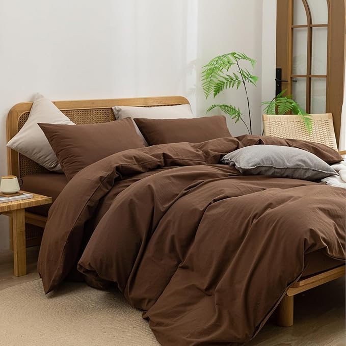 BESTOUCH Duvet Cover Set 100% Washed Cotton Linen Feel Super Soft Comfortable Chic Lightweight 2 PCs Home Bedding Set Solid Cocoa Brown Twin/Twin XL