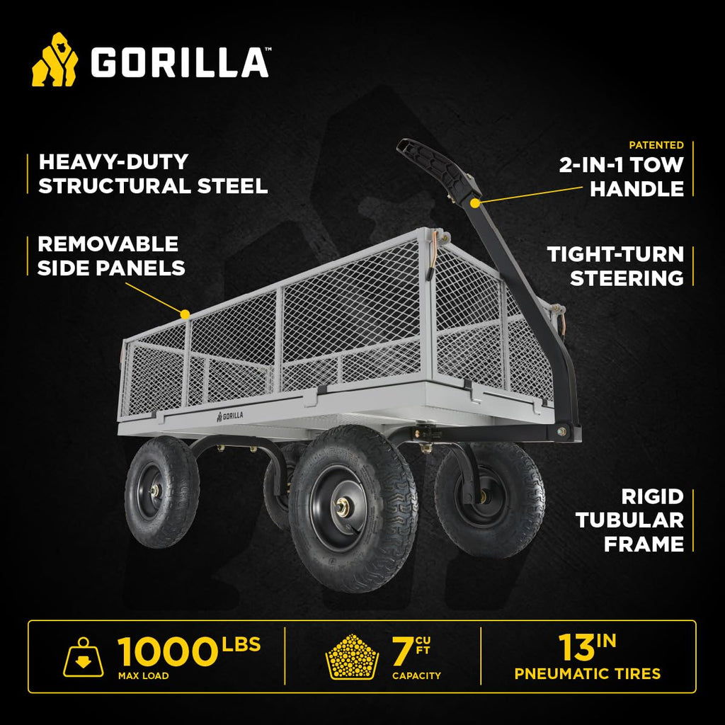 Gorilla Carts GOR1001-COM Steel Utility Cart, Heavy-Duty Convertible 2-in-1 Handle and Removable Sides, 7 cu ft, 1000 lb, Capacity, Gray