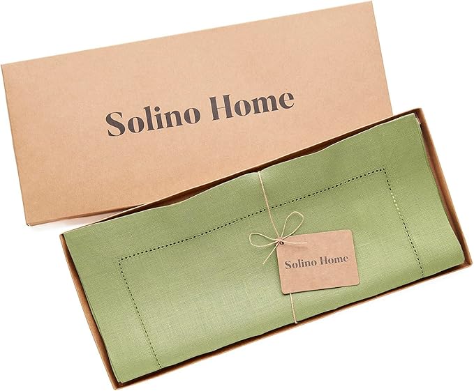 Solino Home Linen Moss Green Table Runner 132 Inches Long - 100% Pure Linen Extra Long Table Runner 14 x 132 Inch for Fall, Autumn, Thanksgiving - Classic Hemstitch
