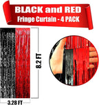 4 Pack Foil Fringe Curtain Backdrop, 3.28Ft x 8.2Ft Metallic Tinsel Foil Fringe Streamers for Photo Booth, Wedding, Casino Viva Las Vegas Game Night Birthday Party Decoration (Black Red)