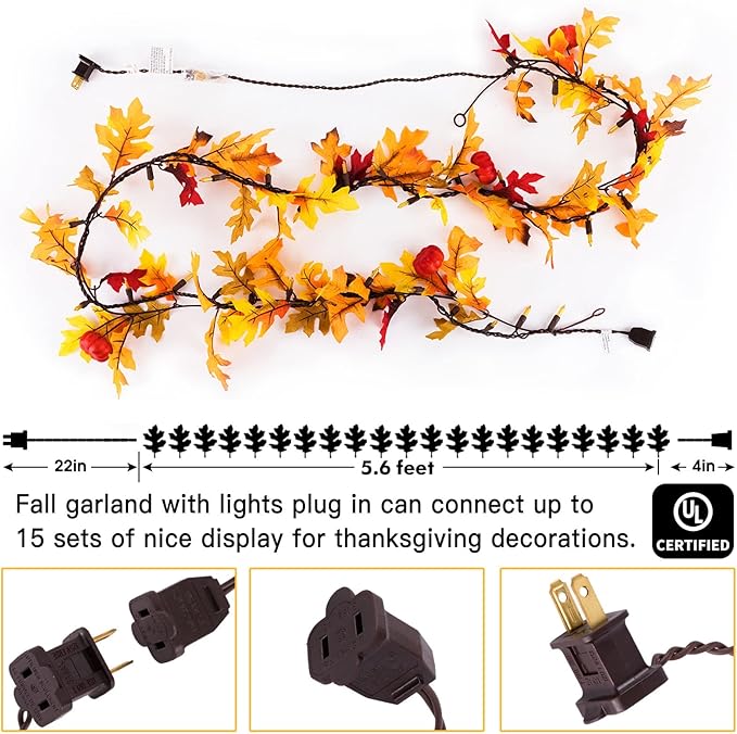 Maple Leaf String Lights Thanksgiving Decorations, Fall Garland Lights String with 35 Incandescent Bulbs for Connectable 15 Sets Display Indoor Outdoor Fall Decor Halloween Decorations