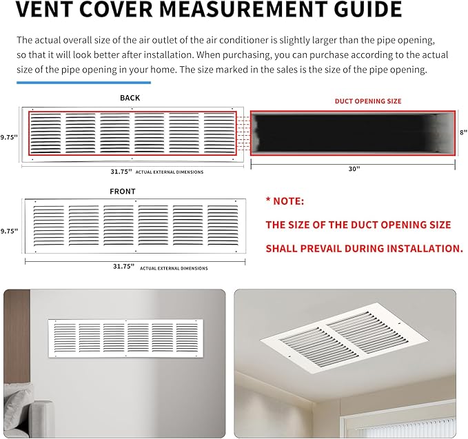 30x8 Return Air Grille(Duct Opening Size),Air Return Vent Cover,Flat Vent Cover,Rejillas De Aire Acondicionado para Casa,Return Air Grilles,Outer Dimensions:31.75"Wx9.75"H(30"W x 8"H, Duct Opening)