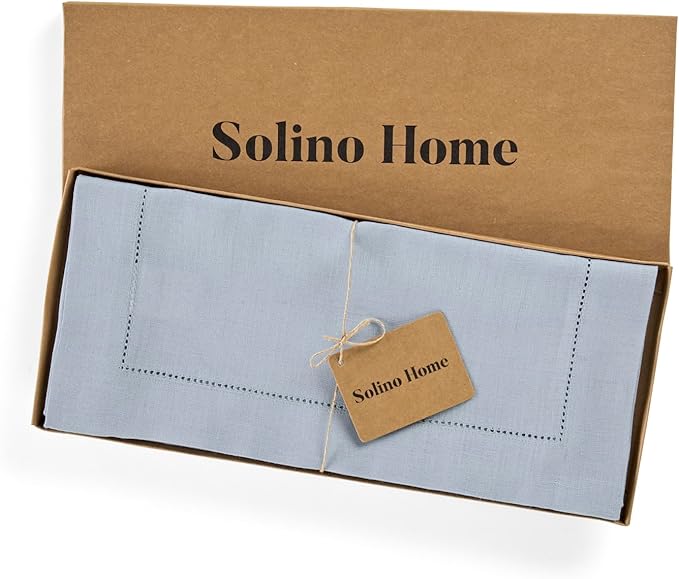 Solino Home Linen Dusty Blue Table Runner 60 Inches - Classic Hemstitch, 100% Pure Linen Coffee Table Runner 14 x 60 Inch Ideal for Dresser Tables - Fall, Autumn, Halloween, Thanksgiving