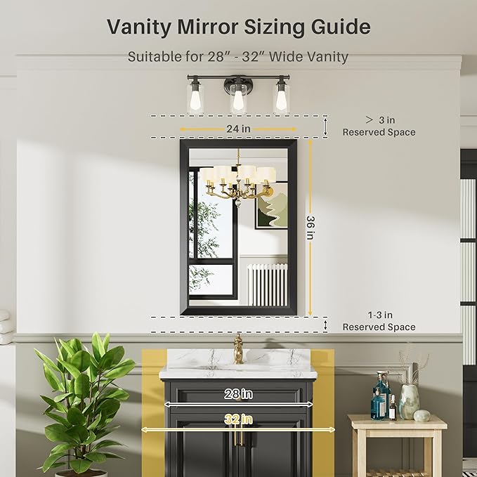 24x36 Inch Black Bathroom Mirror for Wall, Thick Metal Framed Rectangle Mirrors for Over Sink, Bedroom, Living Room, Entryway, Anti-Rust, HD Tempered Glass