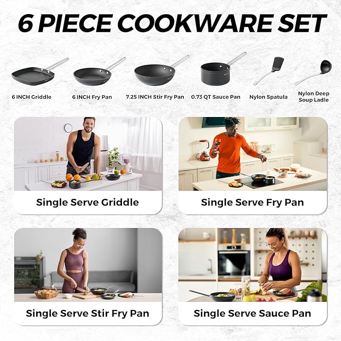 THE ROCK Single Serve Nonstick Pots and Pans Set, 6pc Portion Control Cookware Set with Rock.Tec, Scratch/Stain/Crack Proof, Oven & Dishwasher Safe, Perfect for Dorm, Camping & Small Kitchens, Black