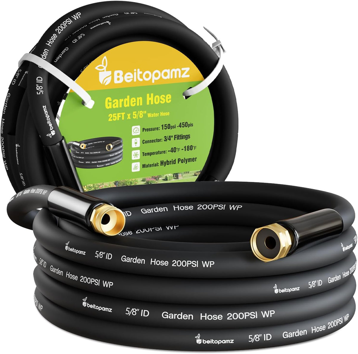 Garden Hose 25 ft x 5/8 in Heavy Duty Water Hose, Flexible and Durable, Lightweight Rubber Hybrid Hose, Leak-Free Connections, Male to Female Fittings, BT25B, Black