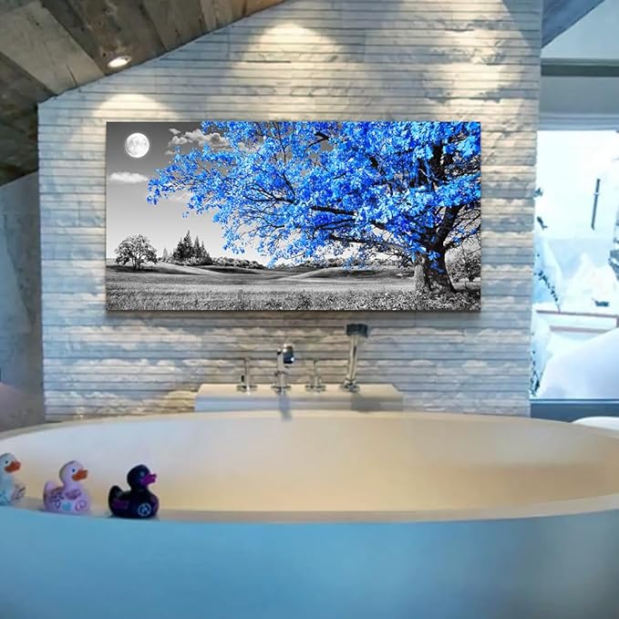 Wapluam Large Canvas Wall Art For Living Room Wall Decor For Bedroom Black And White Wall Paintings Blue Tree Scenery Wall Pictures Prints Artwork Office Decor Room Aesthetic Home Decor 24" X 48"