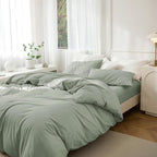 JIYUAN 100% Washed Cotton Duvet Cover Set 3 Pieces Super King, 1 Duvet Cover 108x98 Inches(Comforter Not Included) and 2 Pillowcases,Linen Feel Bedding Set Comfy and Breathable, Heathered Sage Green