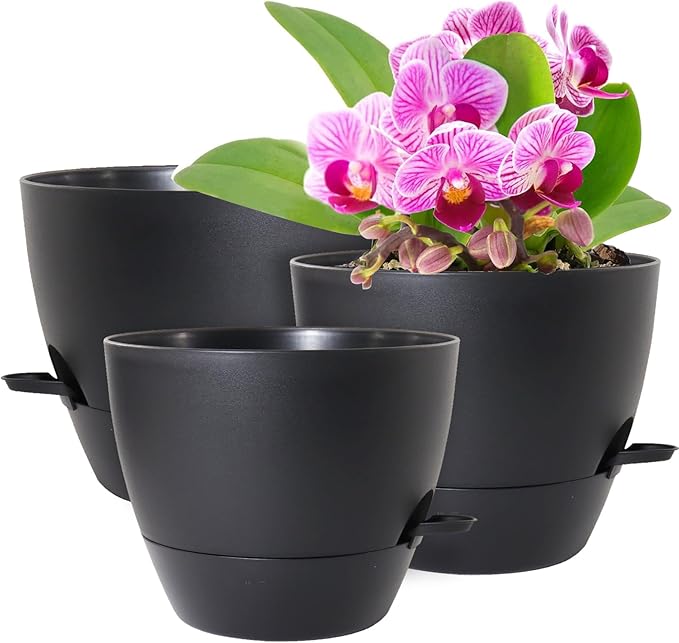 12/10/9 inch Large Self Watering Pots, Planter, Plant Pots with Mesh Drainage Holes for Indoor Outdoor Garden Plants, Plastic Flower Pots with Removable Deep Reservoir, Black