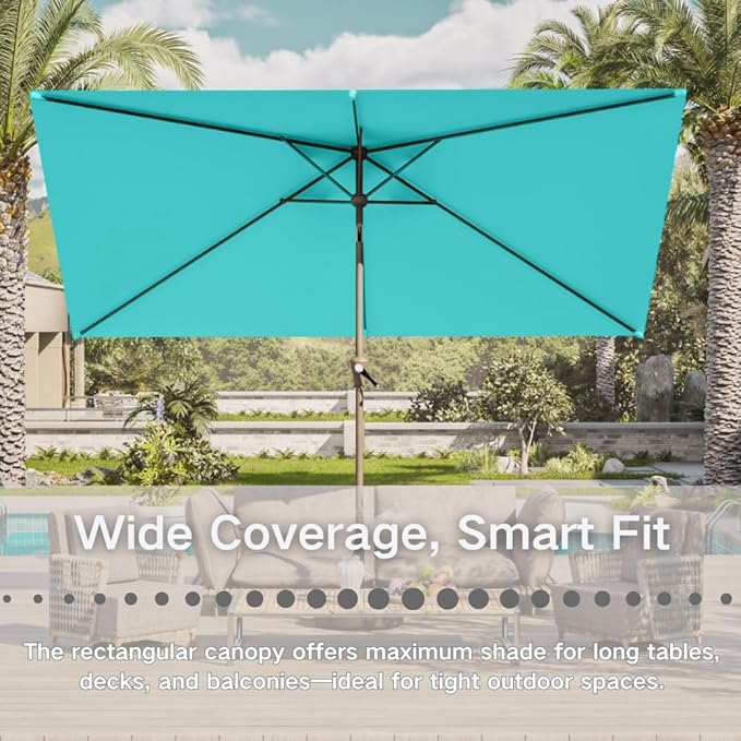 6.5' x 10' Rectangular Patio Umbrella Large Outdoor Market Umbrella w/UV Protection, Push Button Tilt and Crank Lift, Rectangle Table Umbrella for Garden, Deck, Pool, Patio, Aqua Blue