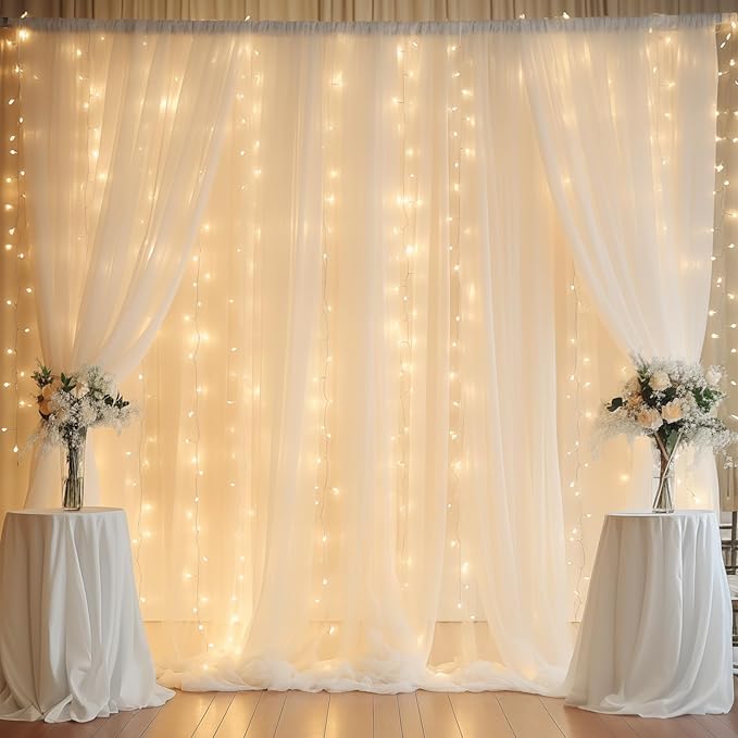 10ft x 7ft Ivory Chiffon Backdrop Curtain with Lights String for Parites Wedding Wrinkle Free Curtain Photo Backdrops Drapes for Baby Shower Birthday Party Home Decorations