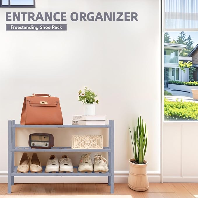3 Tier Bamboo Shoe Rack Storage Organizer for Closet, Multifunctional Stackable Free Standing Shoe Shelf Organizer for Small Space,Entryway, Hallway, Bathroom27 x11 x20 (Grey, 3 Tier)