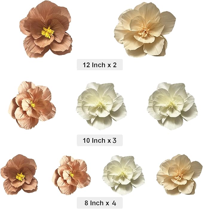BRT Bearingshui Crepe Paper Flowers Decoration for Wall Total 9 Pcs, Artificial Flowers for Wedding Decor,Flower Backdrop Decor, Baby Bridal Shower Birthday Party, Pink Peach Beige 3D Wall Flowers